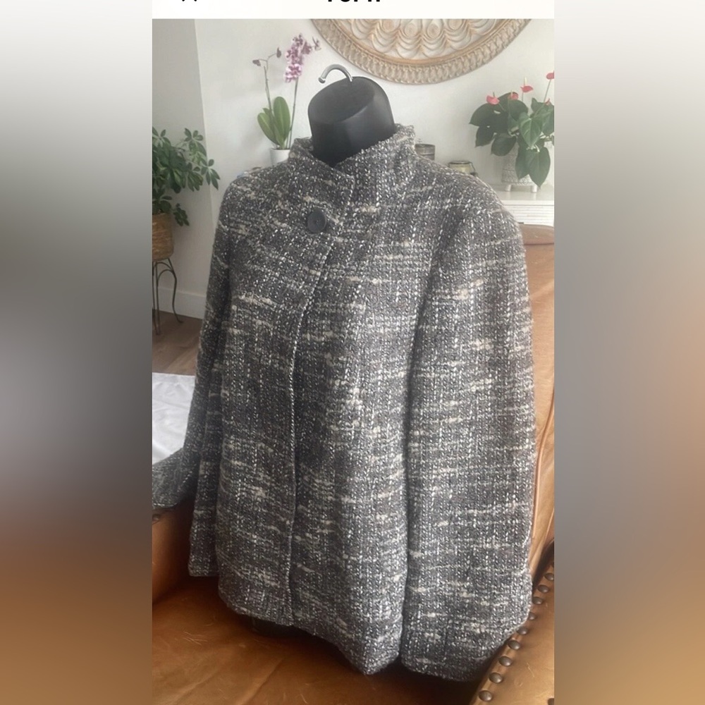 J Jill tweed wool blend lined gray white jacket sz M tailored preppy classic
